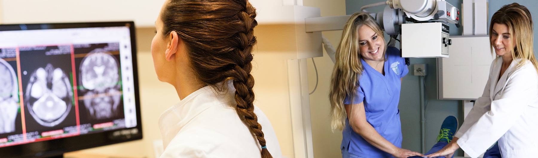 woman looking at cat scan on screen and two women helping patient with cat scan