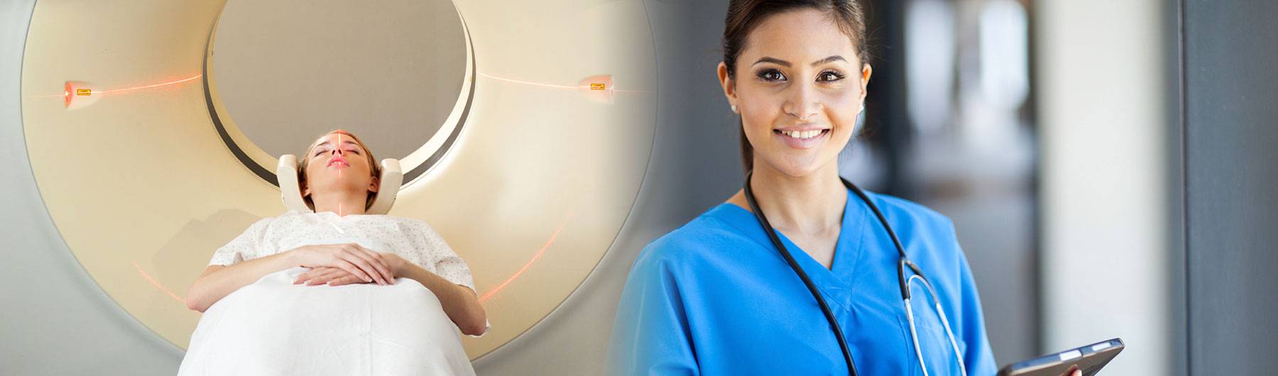 female radiology technologist smiling and patient going through MRI machine.