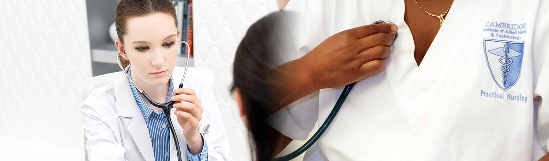 female patient care technician using stethoscope