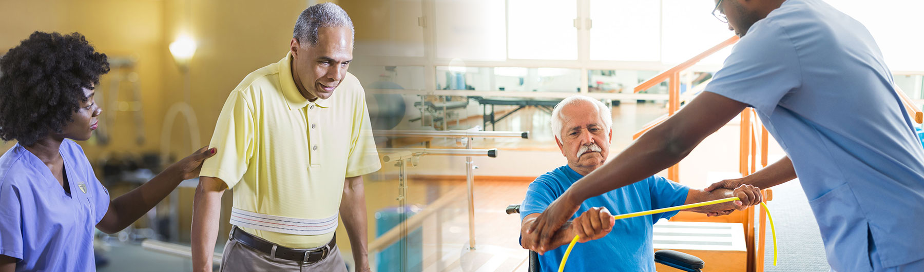 Physical Therapy assistants helping older male patients
