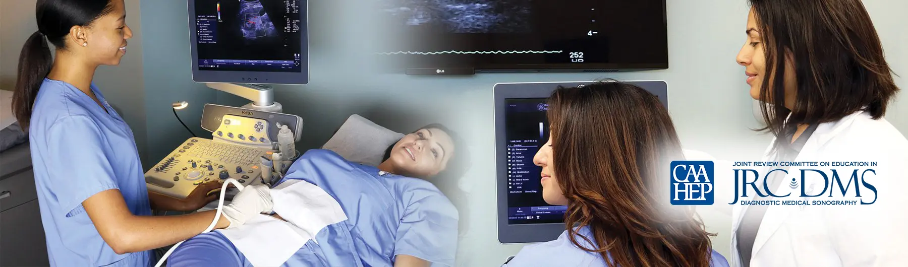 4 Female sonographers working on computers and performing sonography