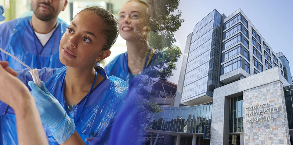 nursing students are in their blue scrubs on the left and Emory University Hospital exterior on the right